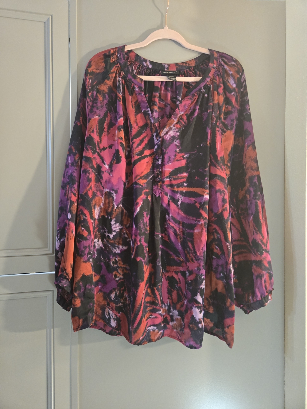 Printed V-Neck Peasant Tunic in Purple & Orange